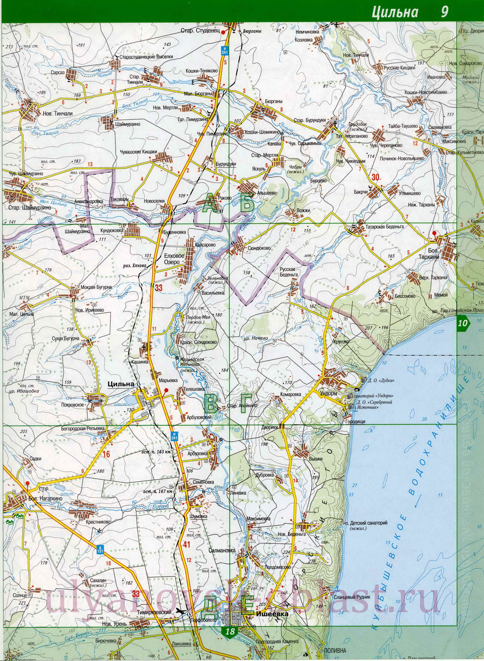 Карта Цильнинского района. Подробная карта автодорог - Цильнинский район Ульяновской обл, B0 - 