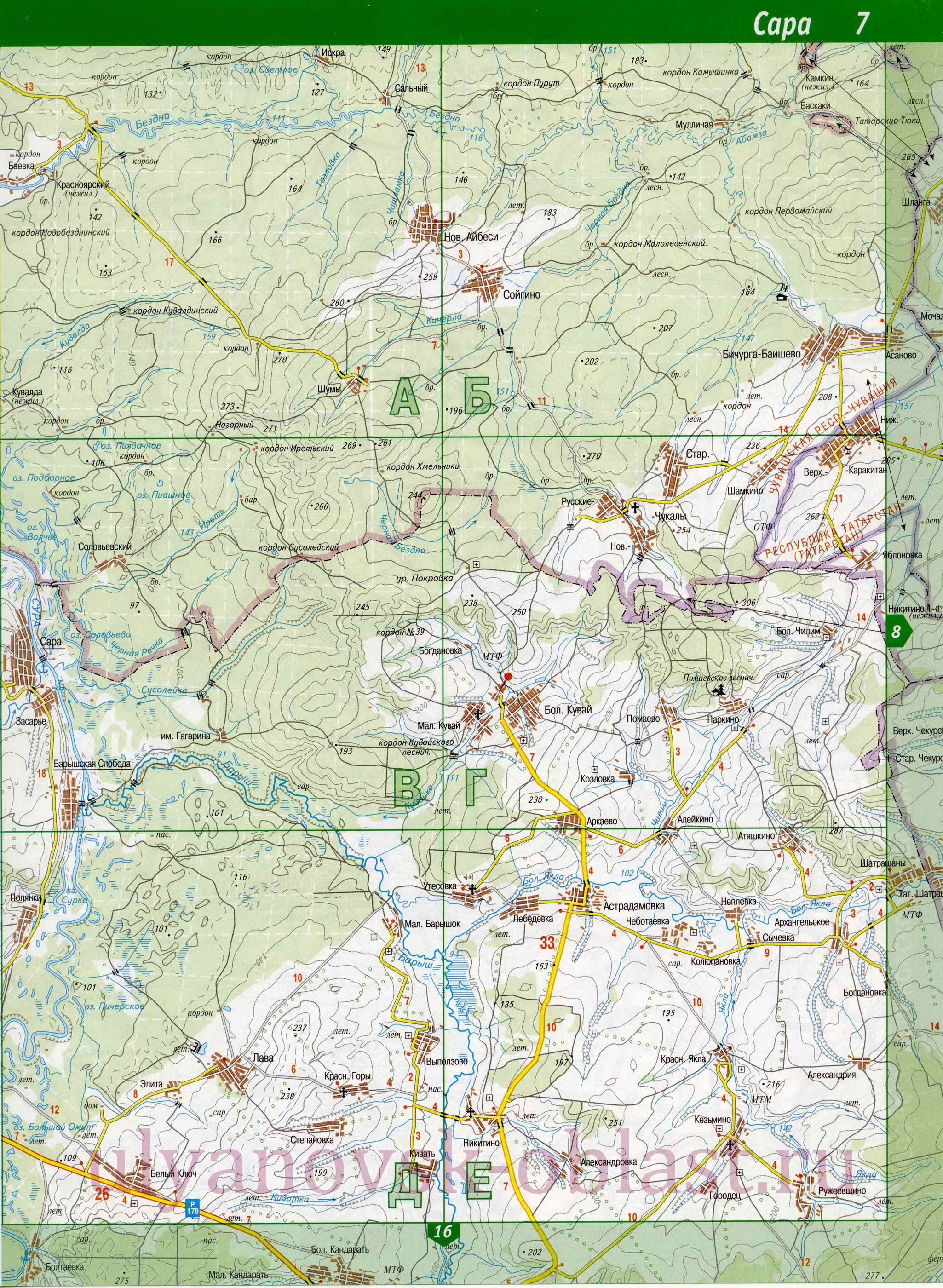 Карта Сурского района. Подробная карта автодорог - Сурский район, Ульяновская область, B0 - 