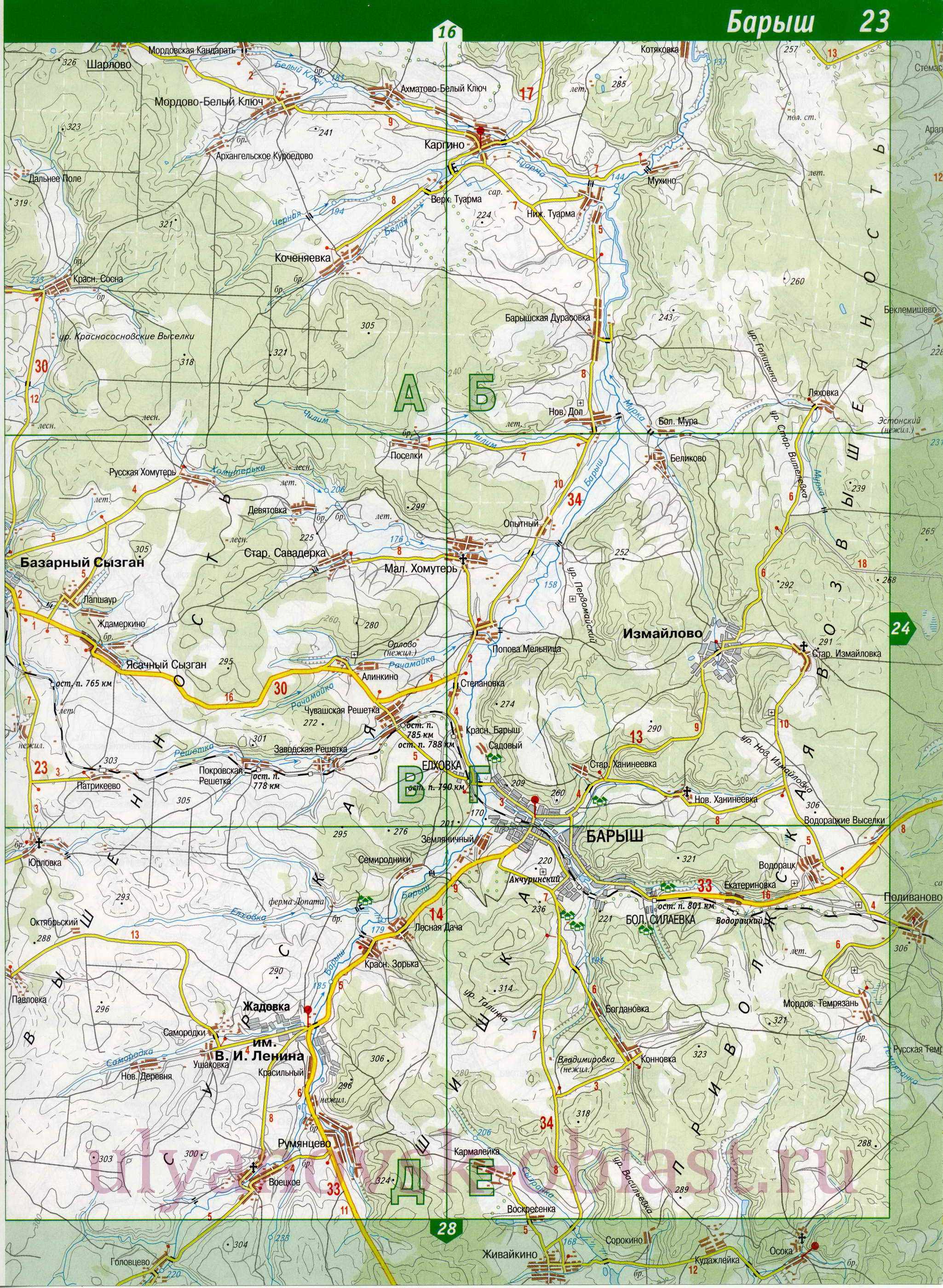 Карта Барышского района. Подробная топографическая карта Ульяновской области - Барышский район, A0 - 