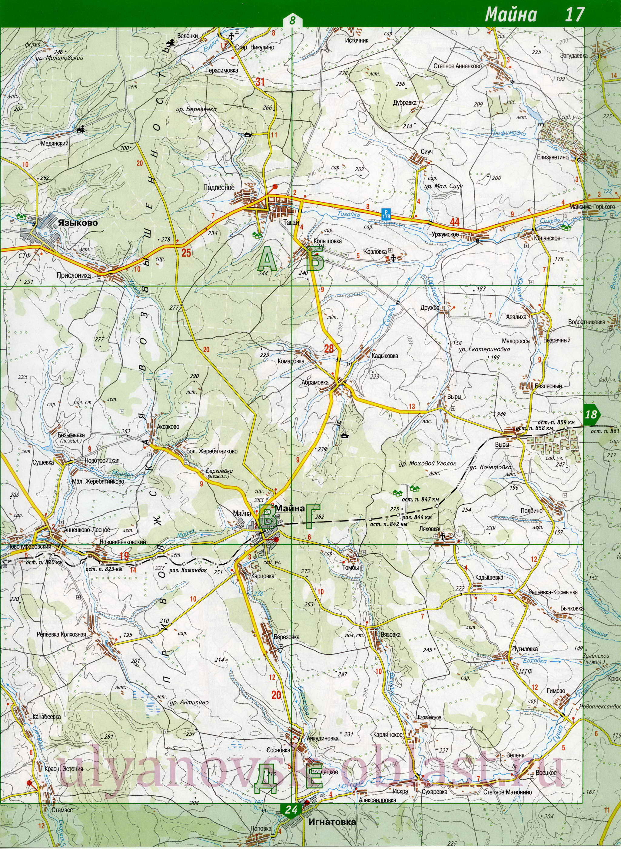 Карта Карсунского района Ульяновской области. Подробная карта автодорог - Карсунский район, B0 - 