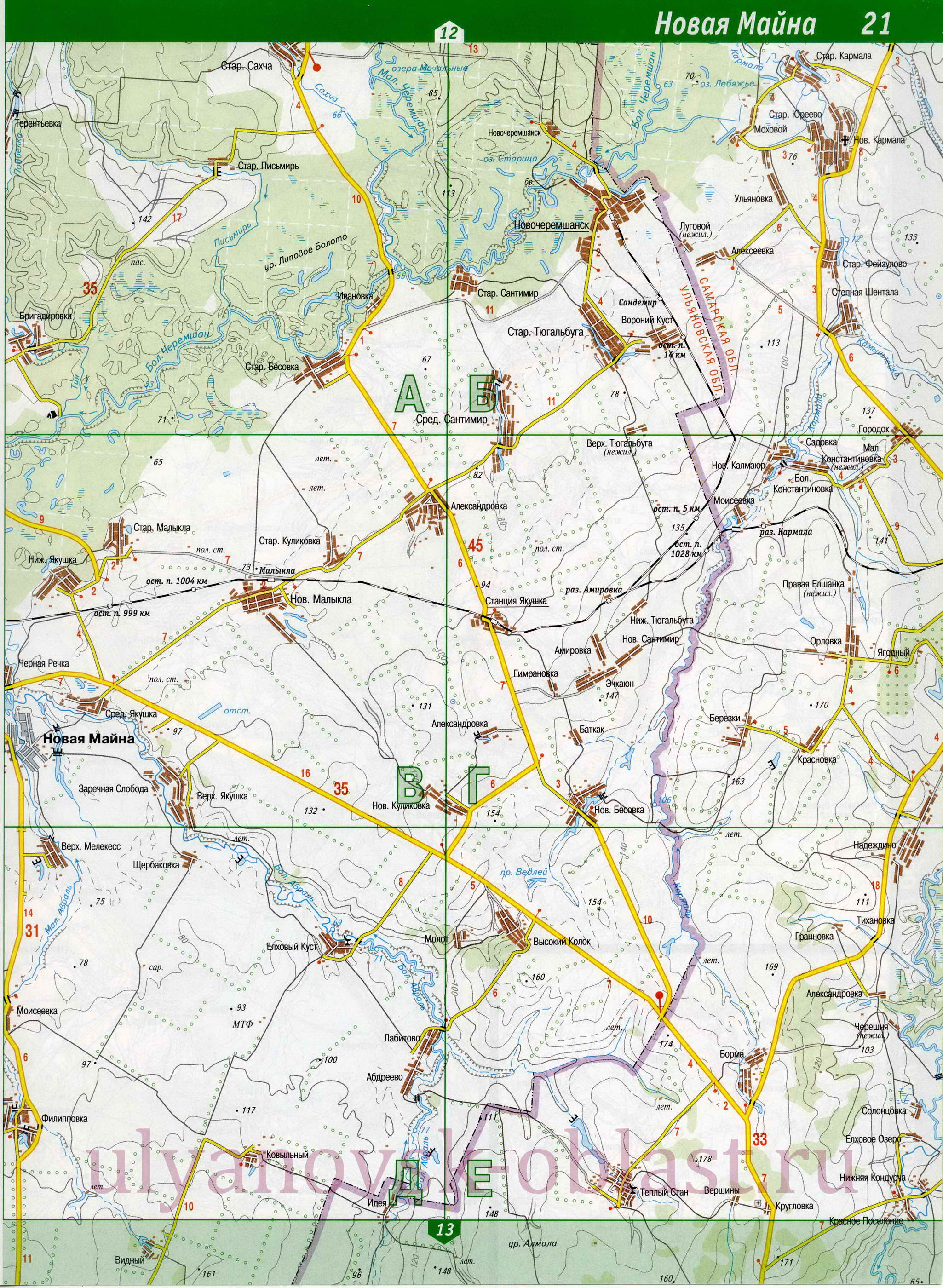 Карта Мелекесского района Ульяновской области. Подробная карта автодорог - Мелекесский район, B0 - 