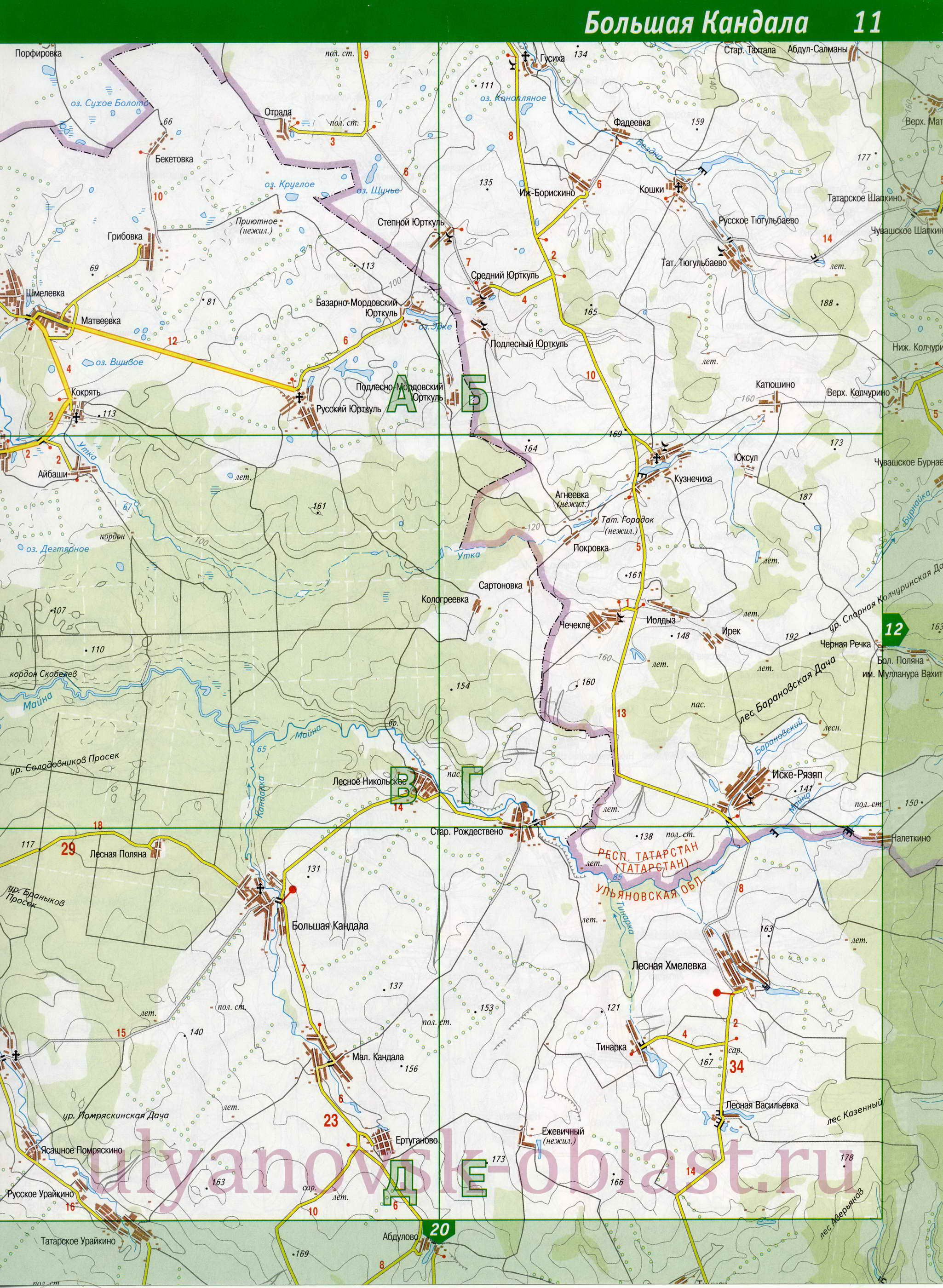 Карта Старомайнского района. Подробная карта Ульяновской области - Старомайнский р-он, B0 - 